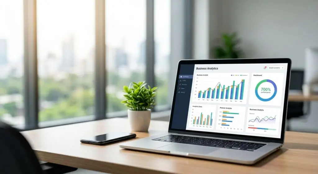 Mesa de escritório moderna com laptop exibindo gráficos de gestão e suporte operacional sob demanda para pequenas empresas.